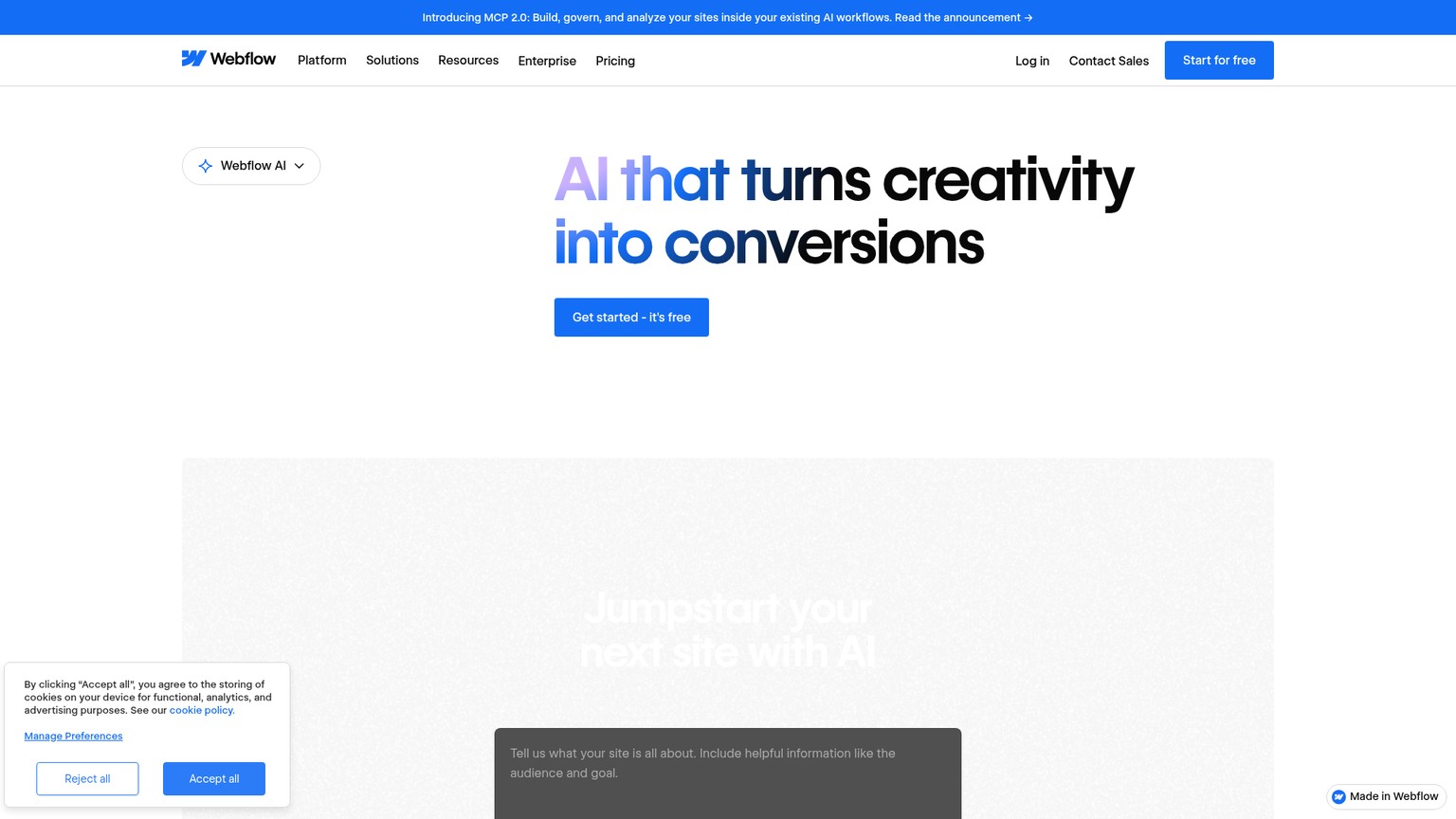 Webflow AI capabilities across design, content, code, SEO, and MCP workflows