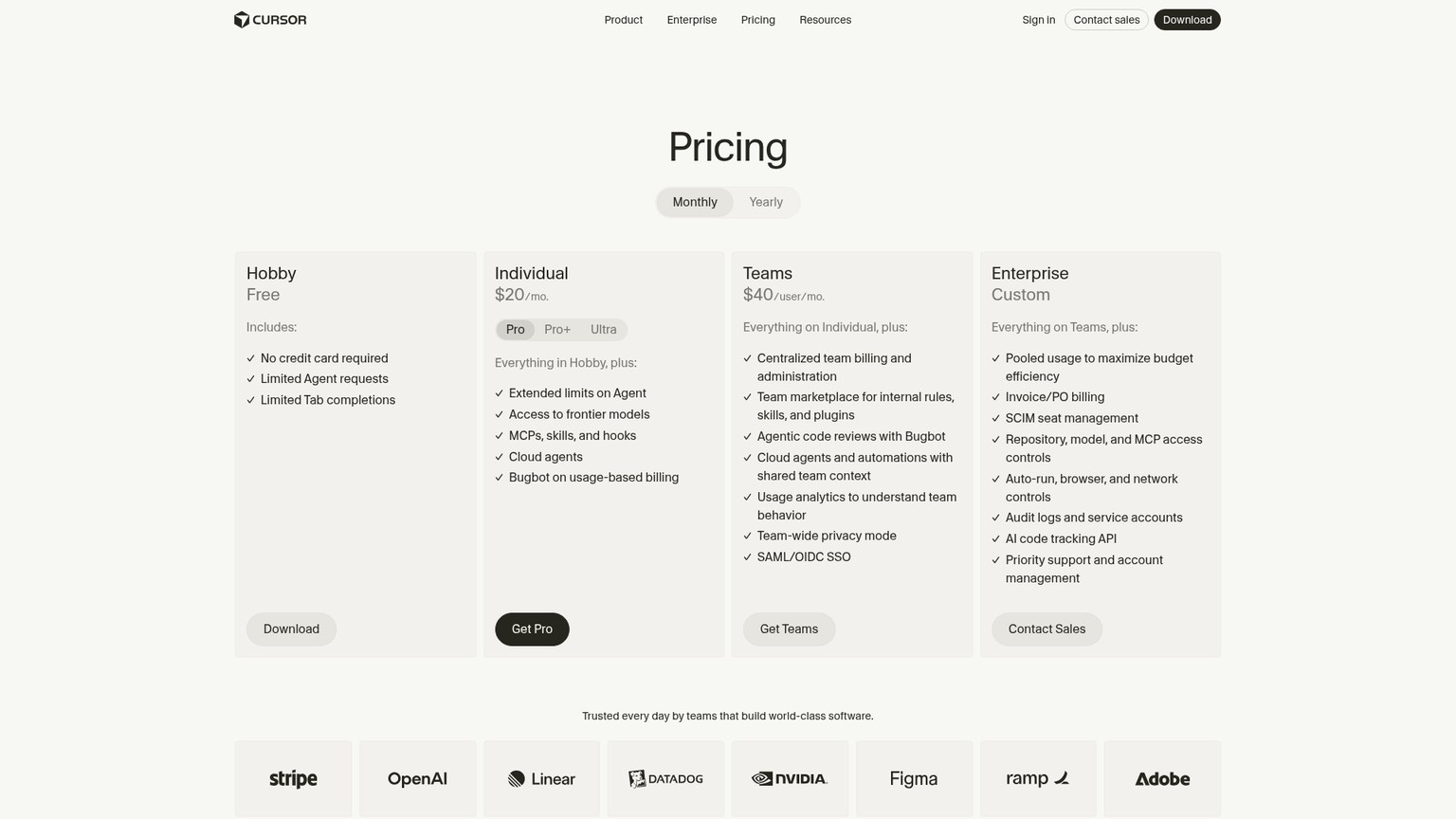 Cursor pricing page