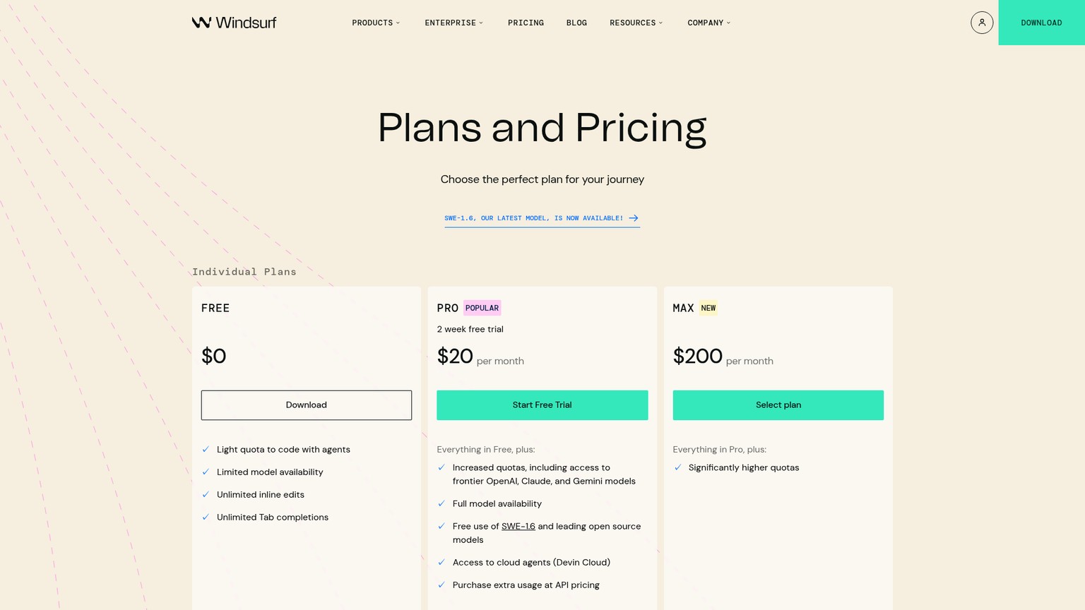 Windsurf pricing page