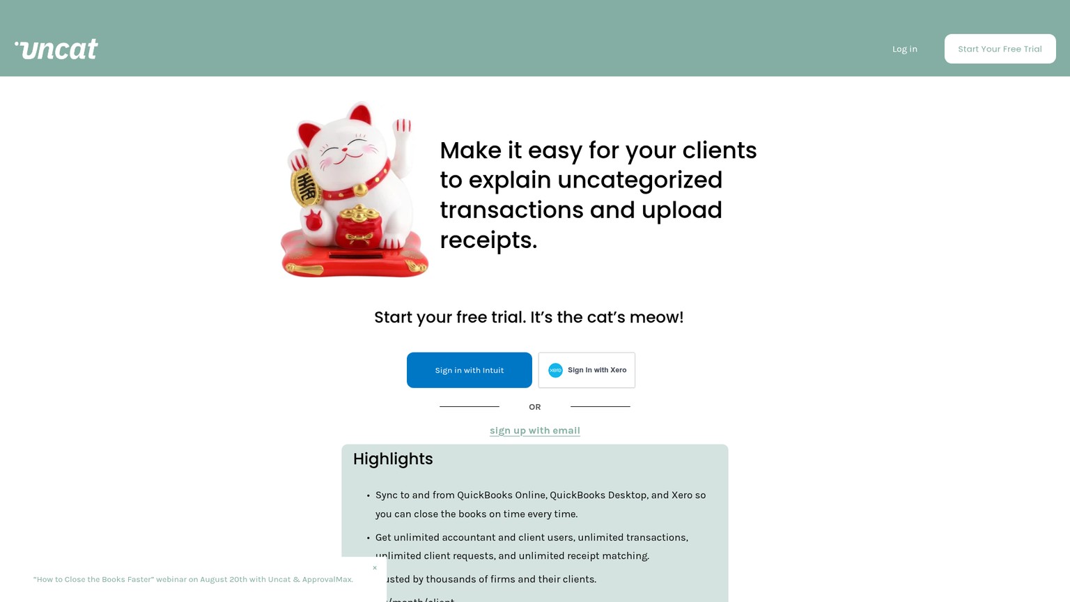 Uncat homepage showing its per-client price and client transaction workflow