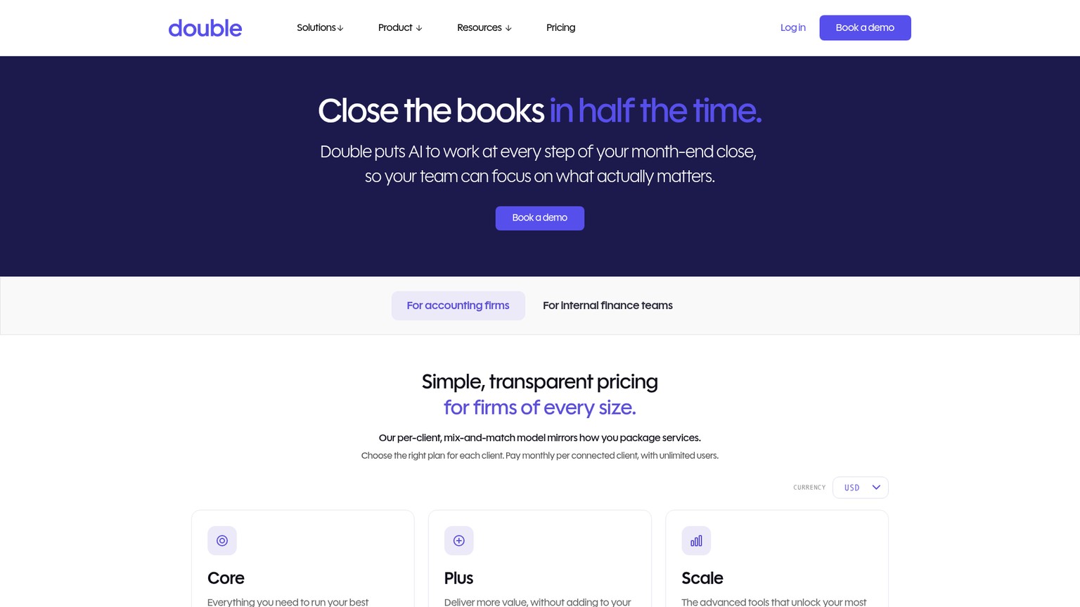 Double pricing page showing Core pricing per connected accounting client