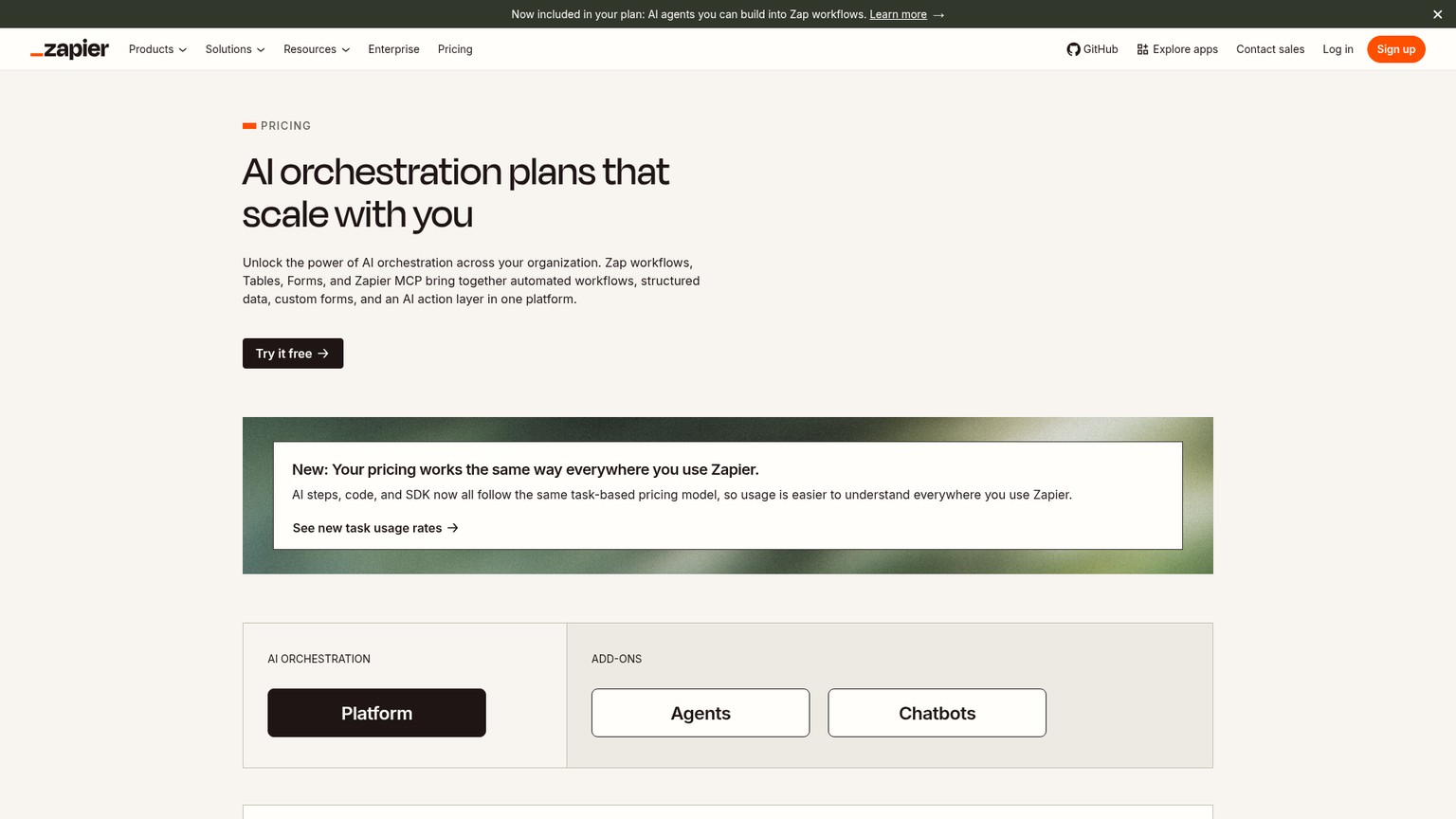 Zapier pricing page showing Free, Professional, Team, and Enterprise plans