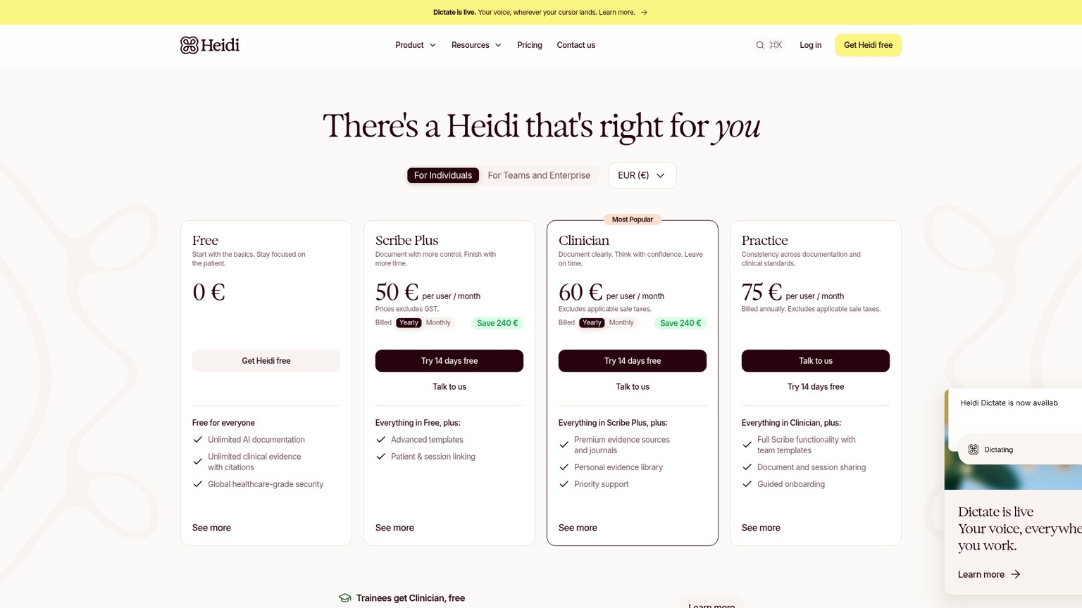 Planes de precios del escriba clínico Heidi para la atención de salud humana