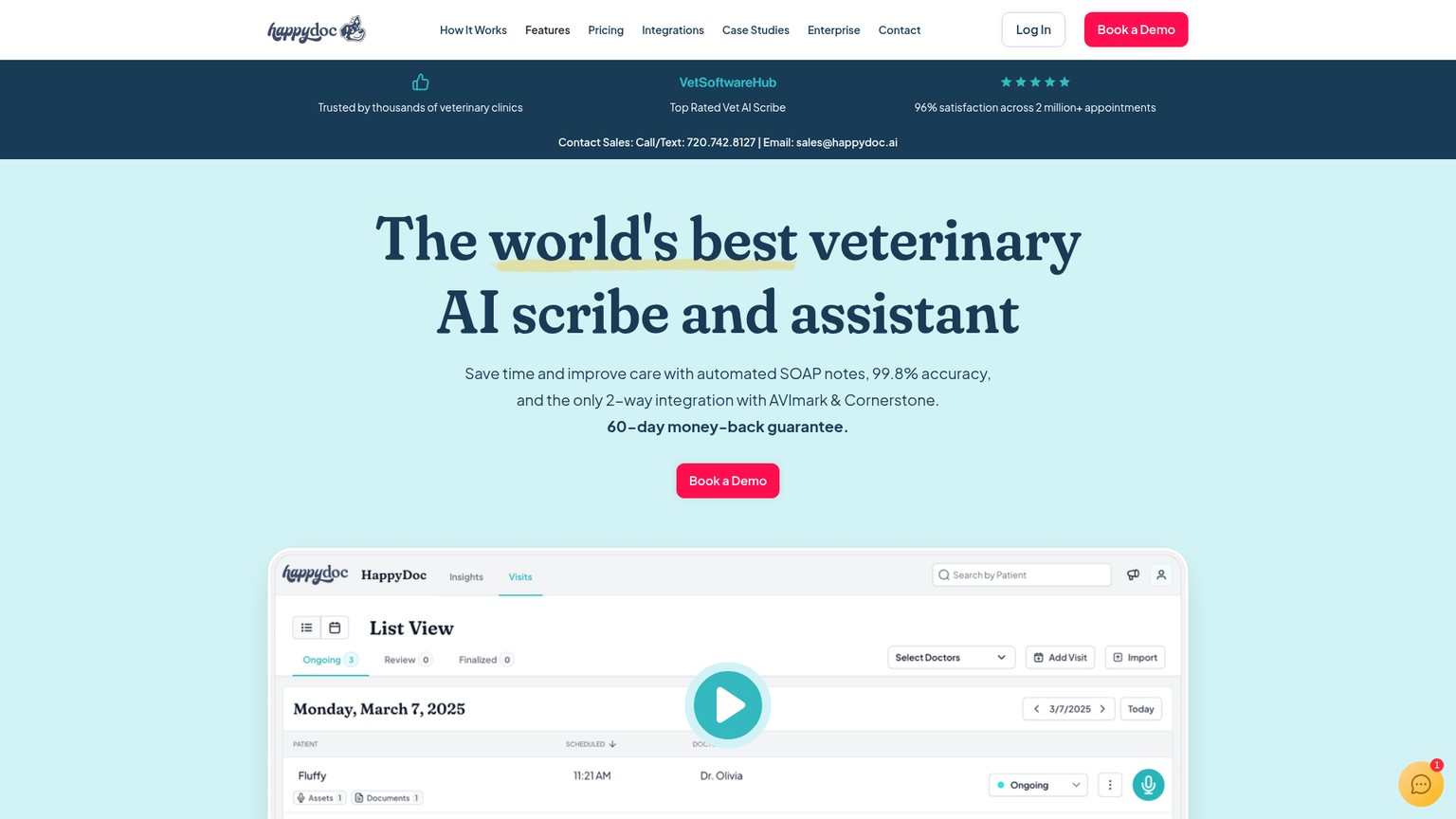 Flujo móvil y de conexión con PIMS del escriba veterinario con IA HappyDoc