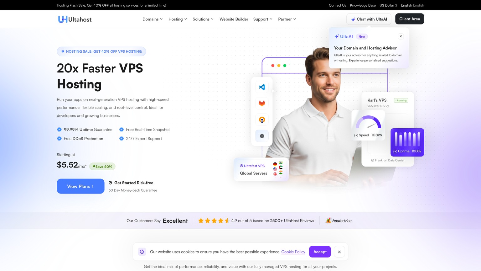 UltaHost-VPS-Preisseite mit Linux-Tarifen und auswählbaren Abrechnungszeiträumen