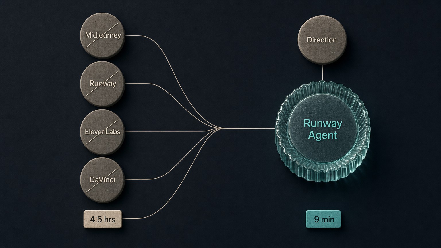 Diagram showing four crossed-out tool tokens collapsing into a single Runway Agent token