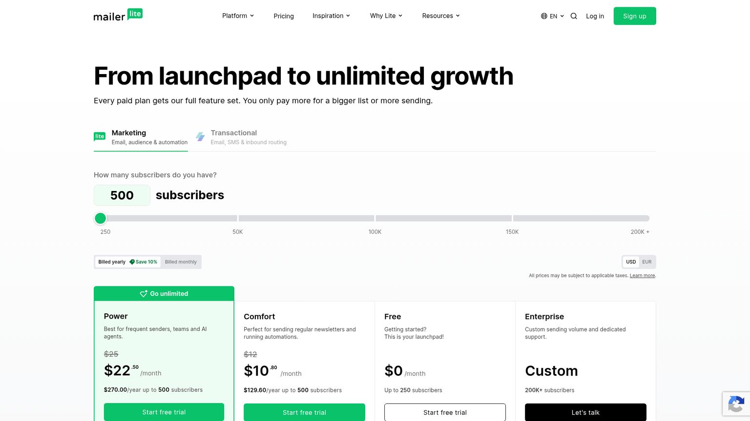 MailerLite current Comfort and Power pricing page