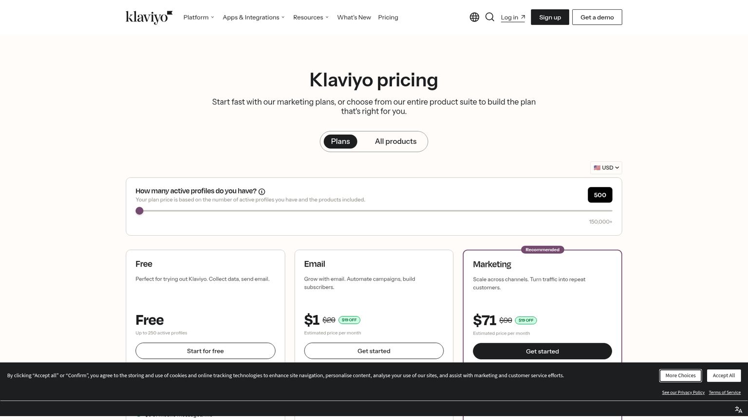 Klaviyo pricing page distinguishing Email and Marketing bundles