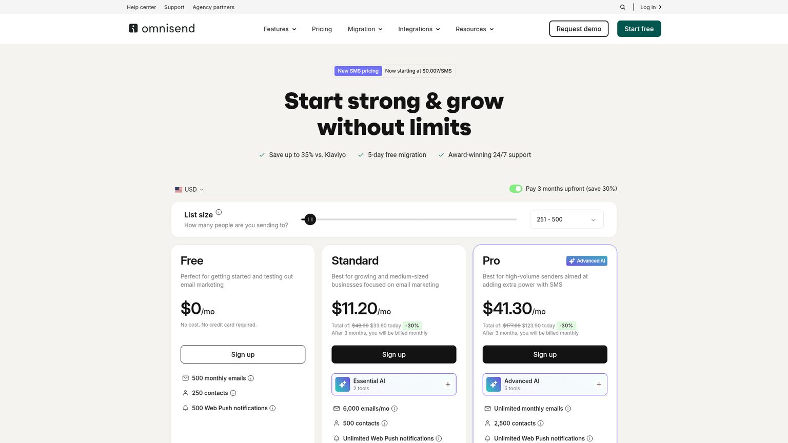 Omnisend pricing page with Standard and Pro contact tiers
