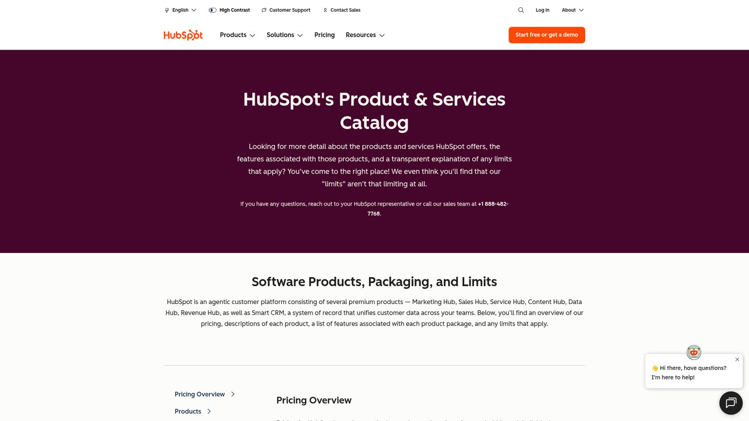 HubSpot official product catalog with Marketing Hub pricing and contact packs
