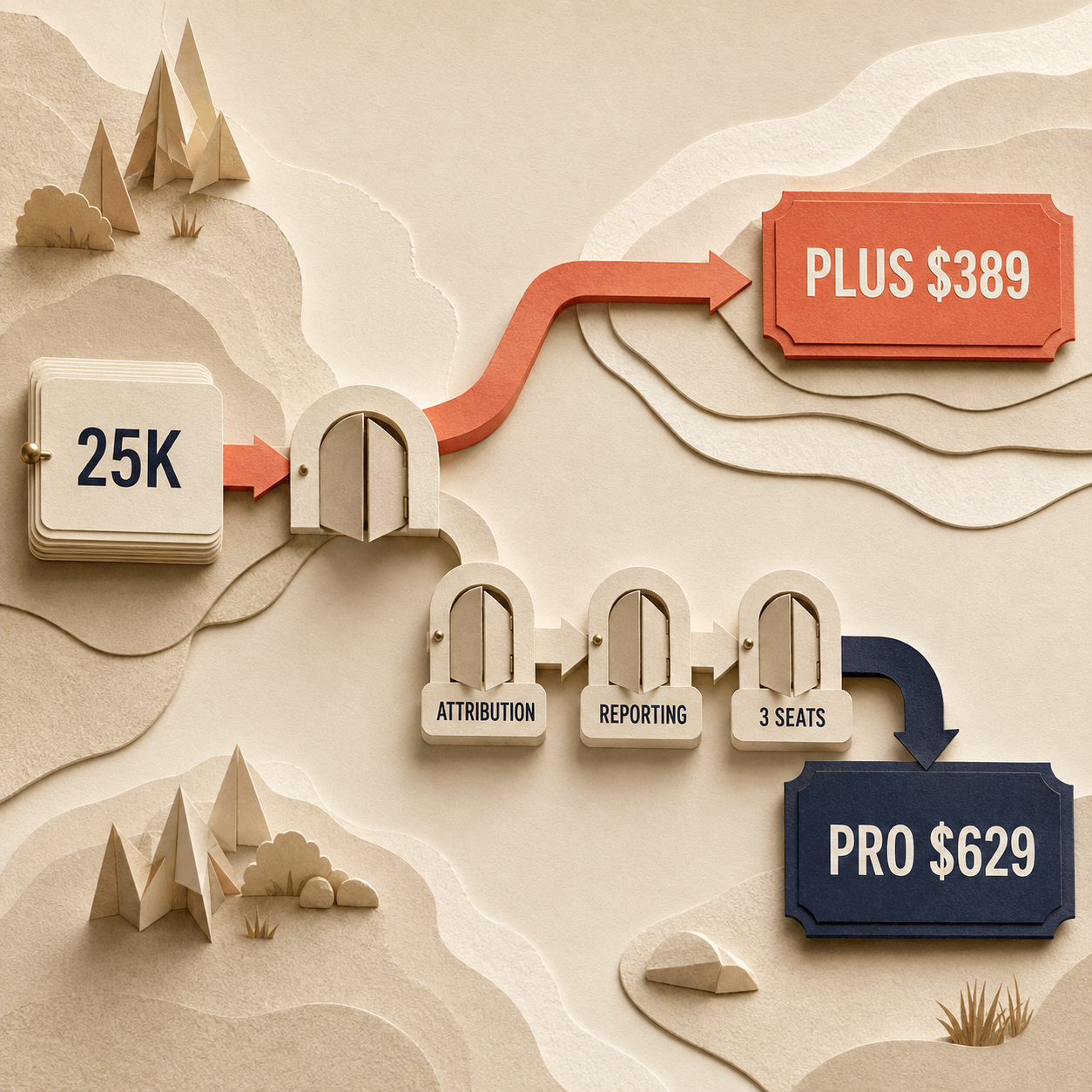 纸面决策流程:比较 25,000 名联系人时 $389 的 ActiveCampaign Plus 与 $629 的 Pro