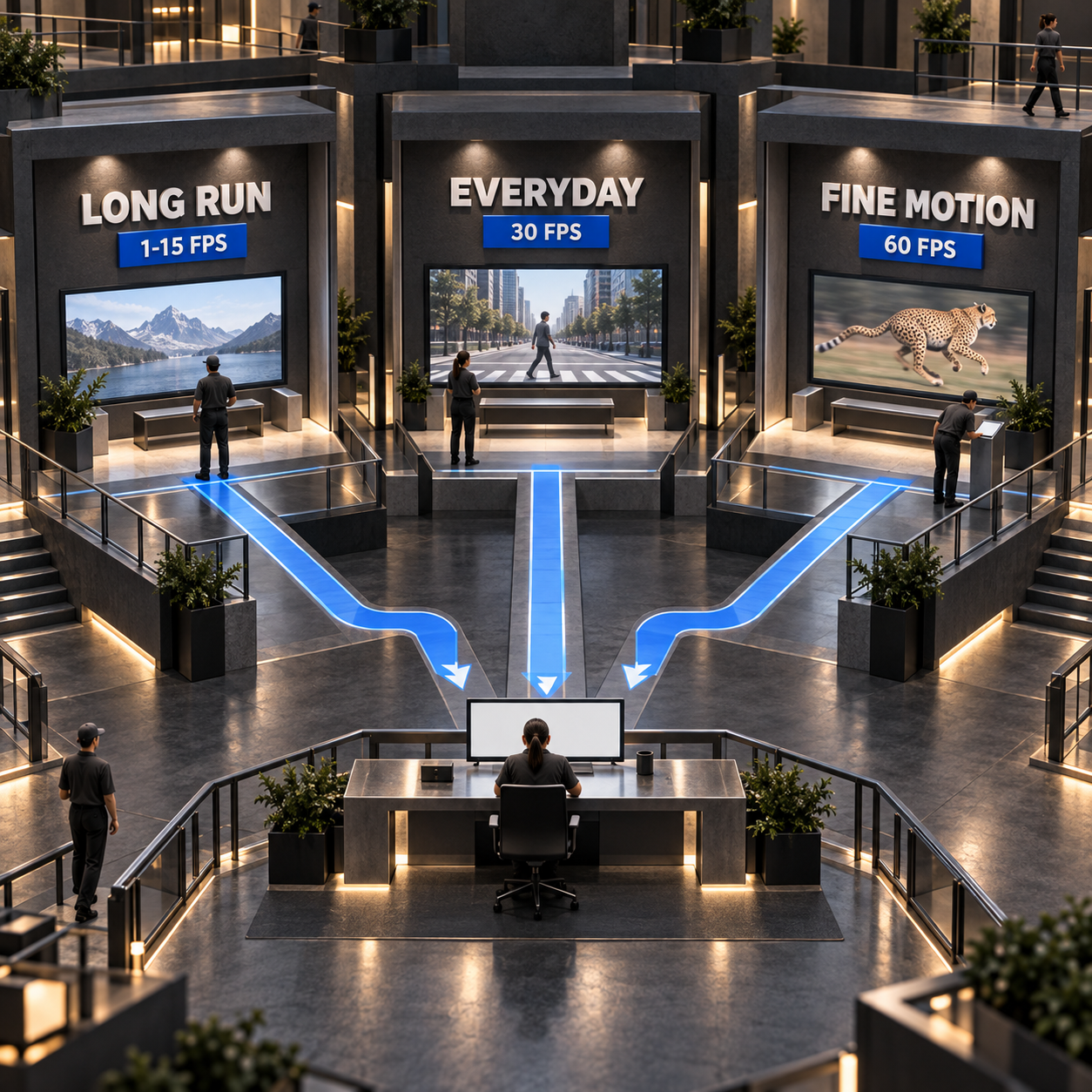 Architectural infographic with three recording bays for long runs, everyday flows, and fine motion