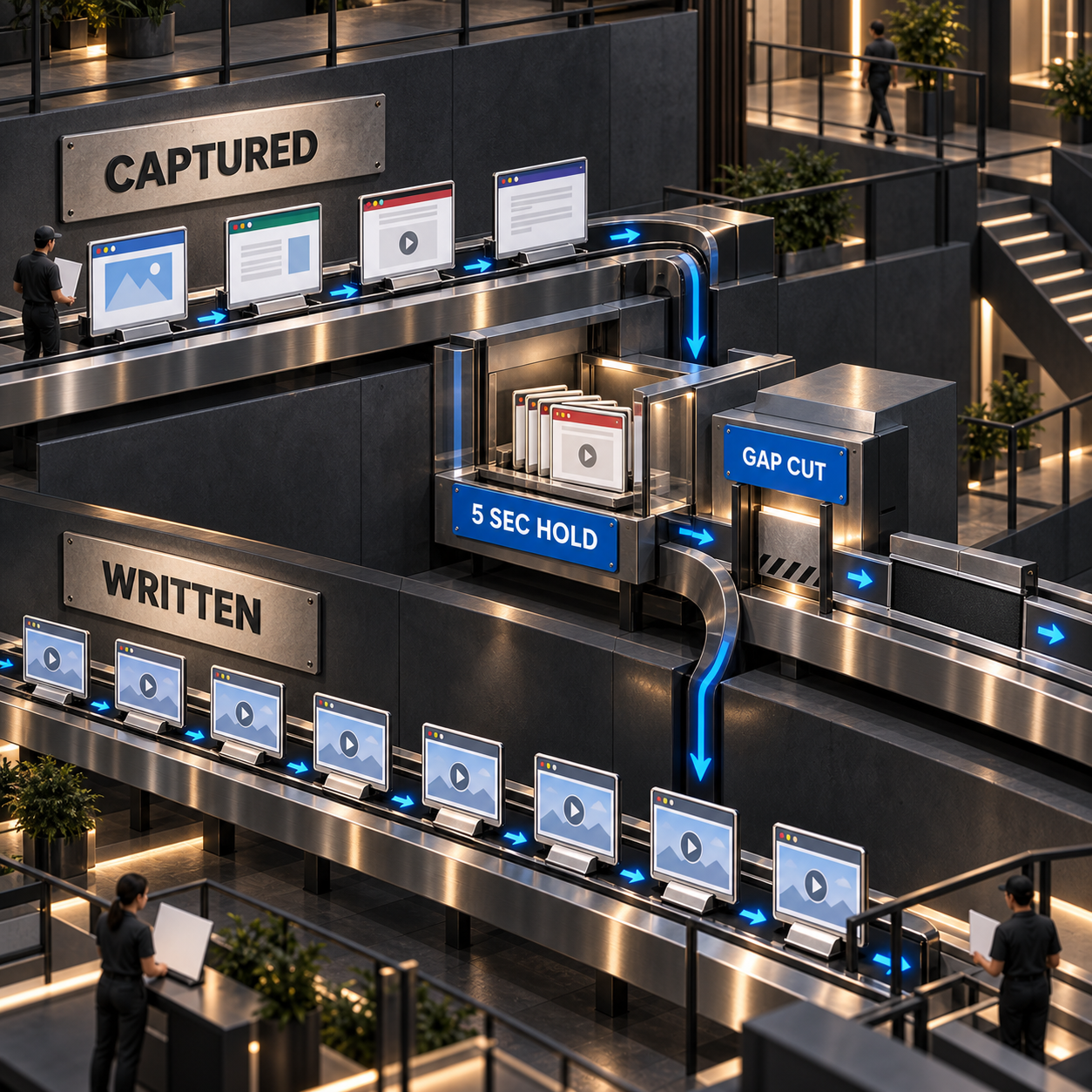 Architectural conveyor infographic separating captured browser repaints from frames written to video and showing a five second static hold