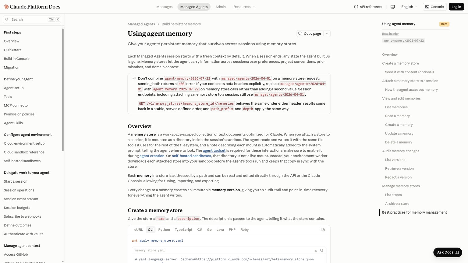 Anthropic public documentation for persistent Managed Agents memory stores