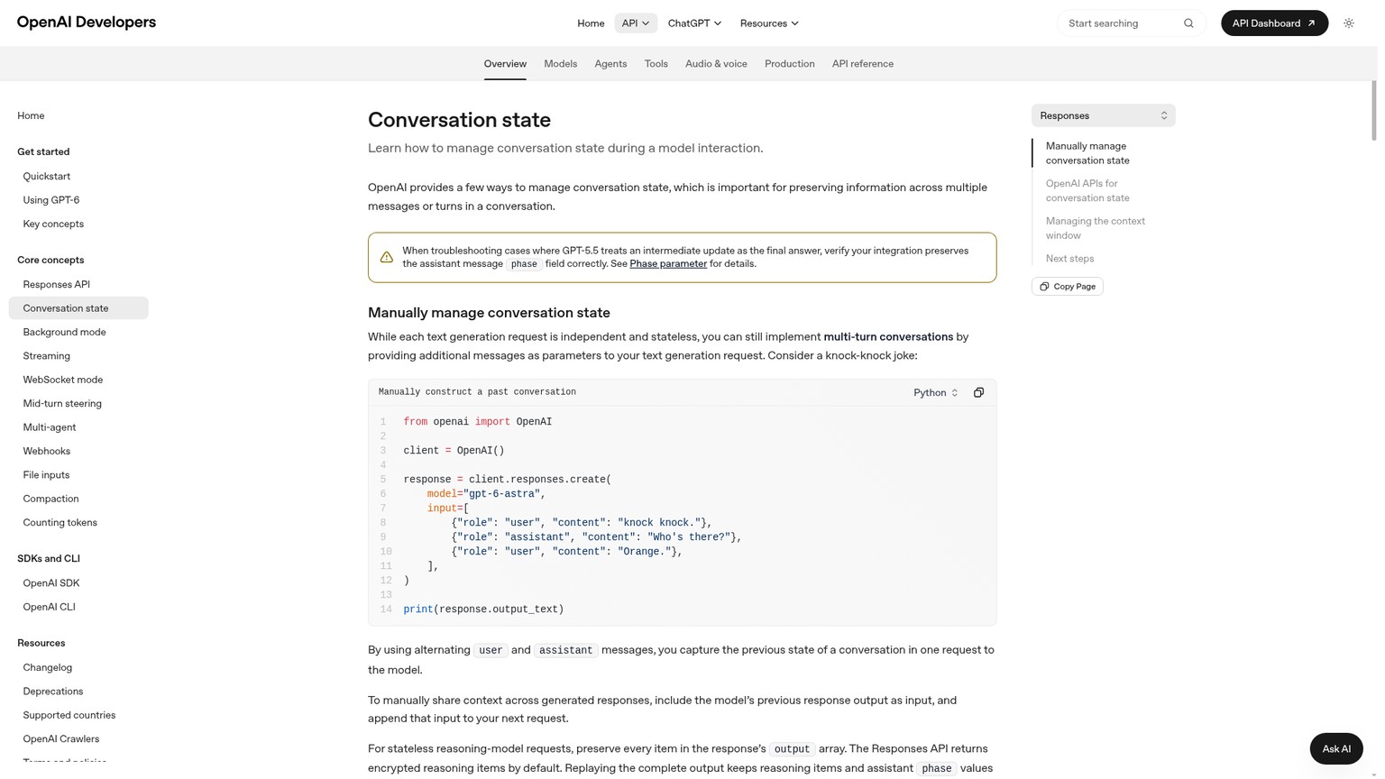 OpenAI public conversation-state documentation covering Conversations and previous response identifiers