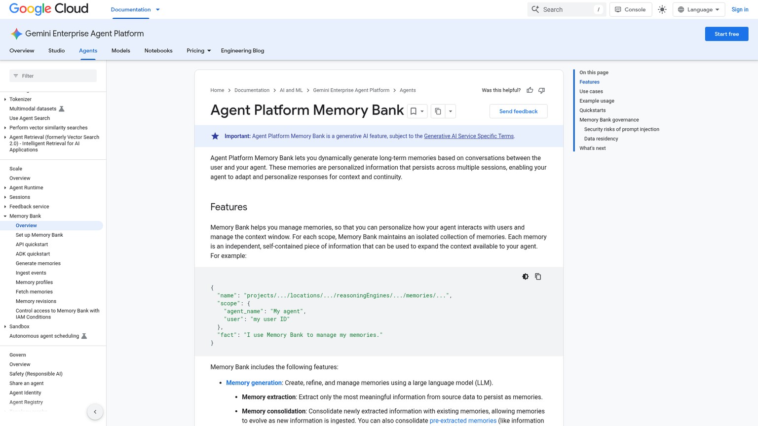Google public Memory Bank documentation describing memory generation, storage and retrieval