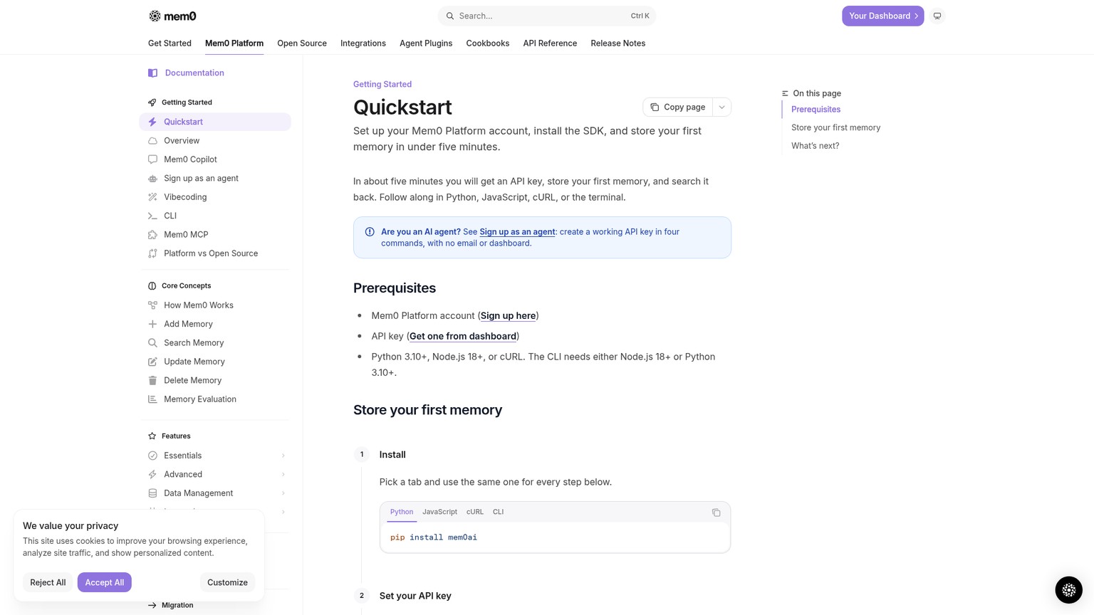 Mem0 public quickstart showing adding and searching user-scoped memories