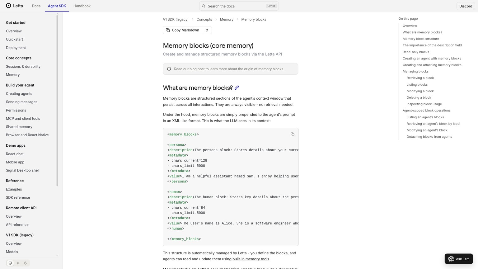 Letta public documentation for persistent, always-visible memory blocks