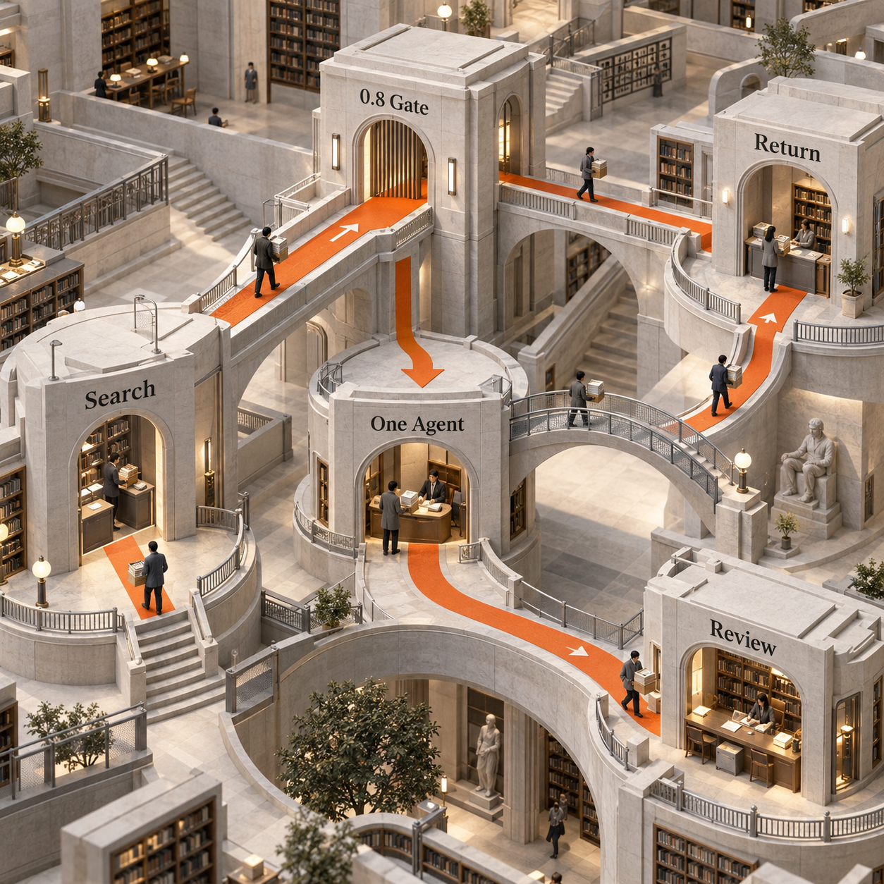 Architectural decision flow from search through a 0.8 gate to return, one agent investigation, or human review