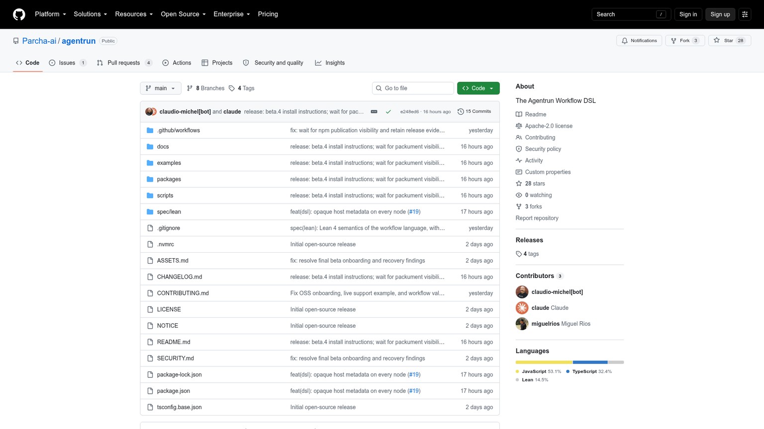 AgentRun GitHub repository showing the workflow language, quickstart, and support example