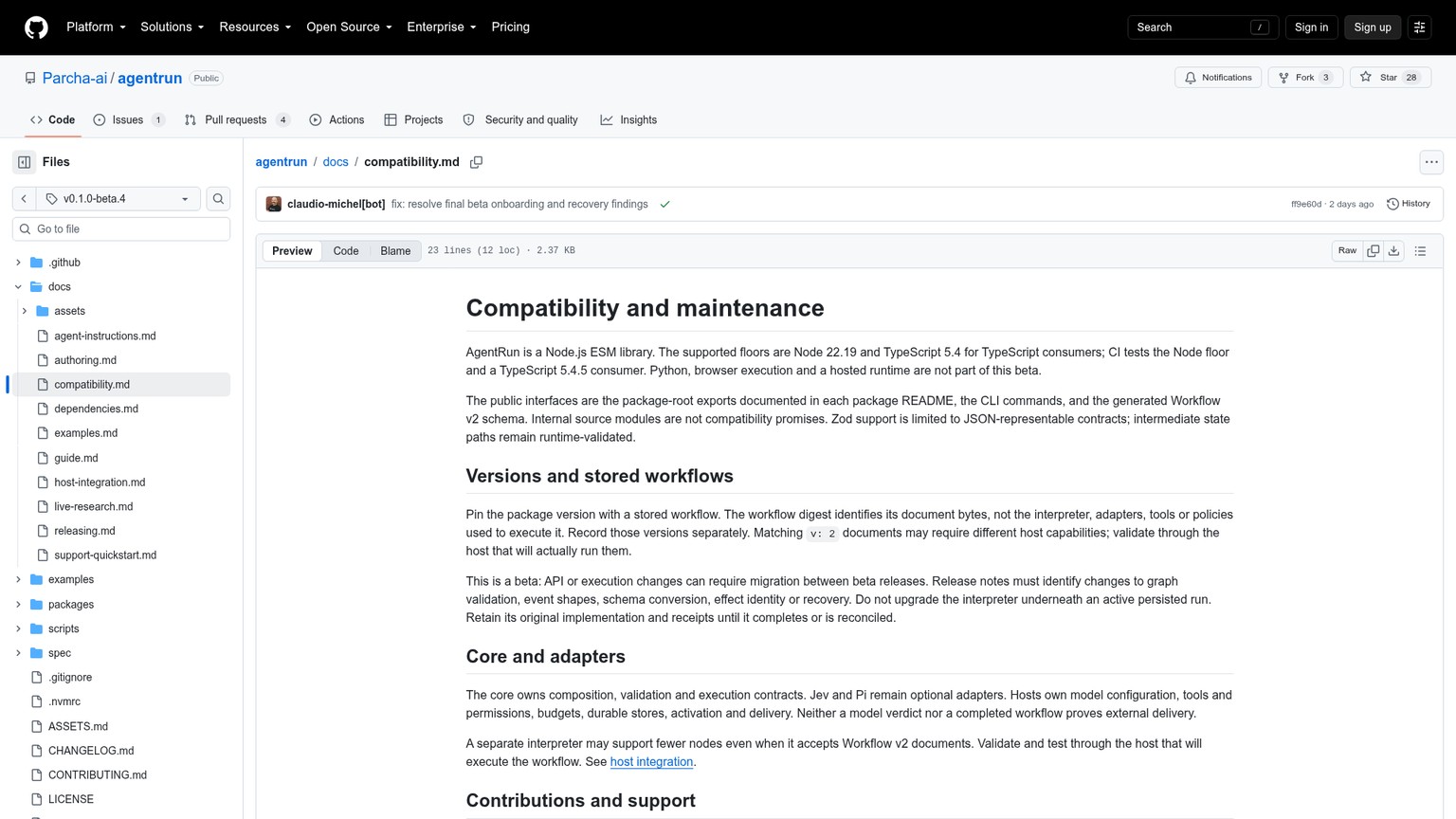 AgentRun beta compatibility page listing Node and TypeScript floors and unsupported runtimes