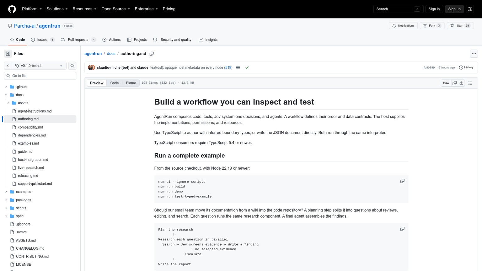 AgentRun authoring guide showing workflow contracts, inspection, and testing