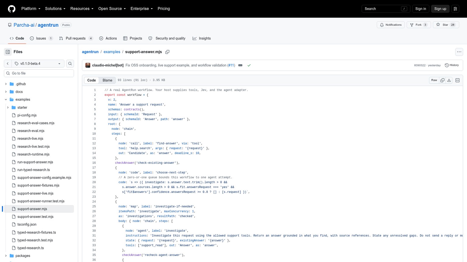 AgentRun support workflow source showing search, judge, agent, recheck, and escalation steps