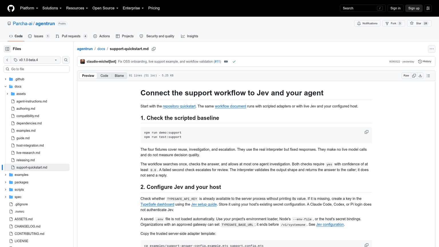 AgentRun support quickstart describing the 0.8 threshold, one investigation, and escalation exit code