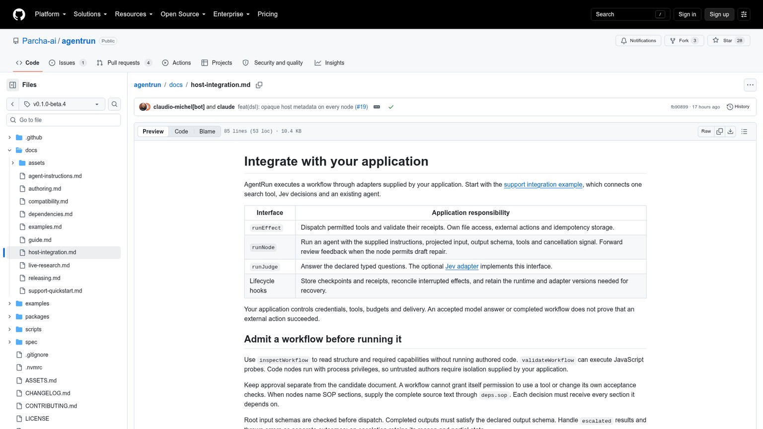 AgentRun host integration guide covering adapters, cancellation, recovery, policy, and metadata