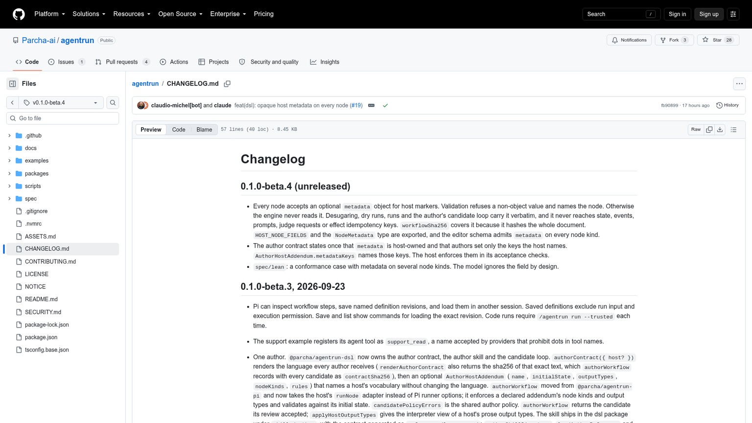 AgentRun beta.4 changelog showing prerelease status and changes