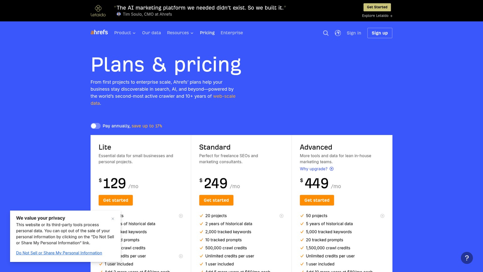 Aktuelle Ahrefs-Preisseite mit den Tarifen Lite, Standard, Advanced und Enterprise