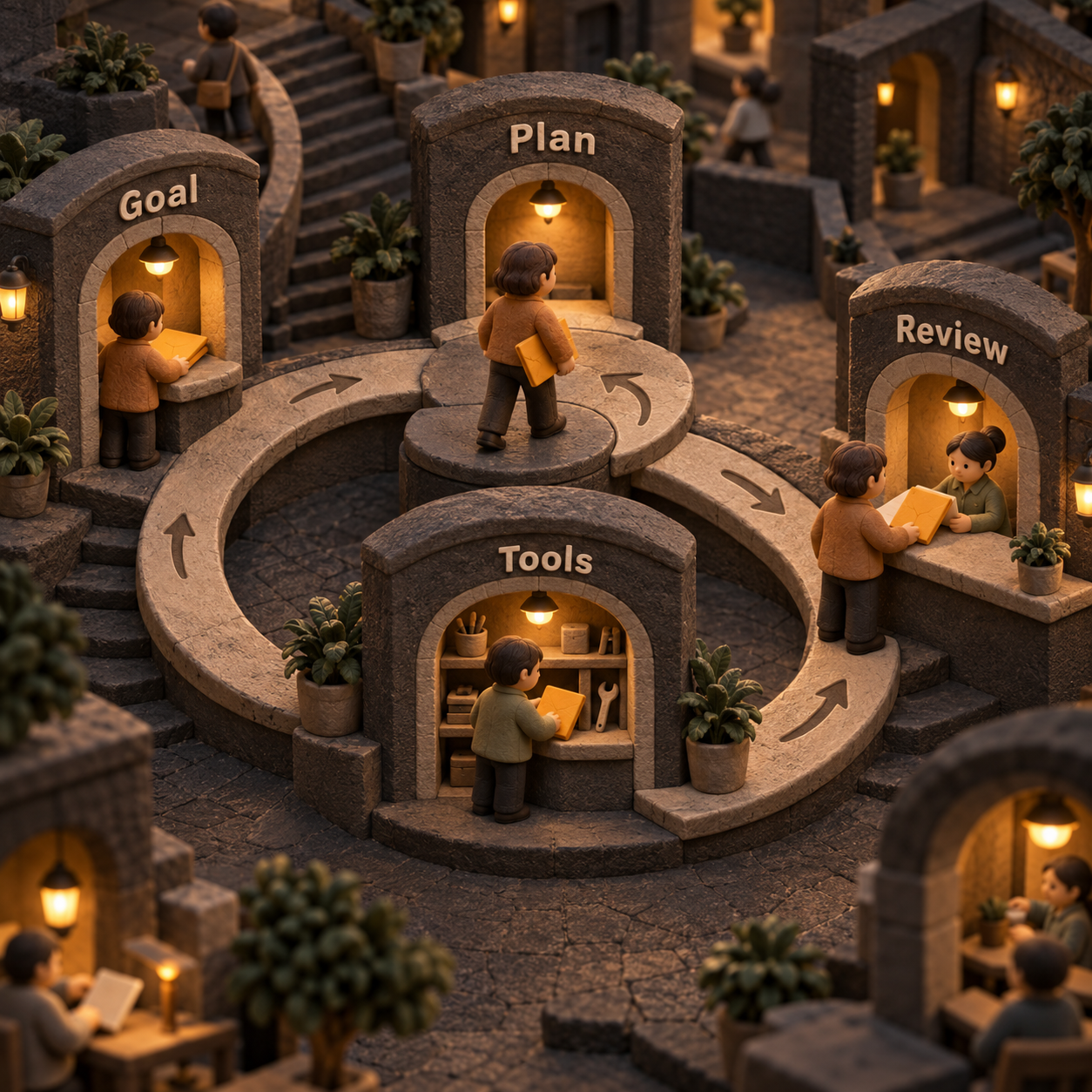A clay walkway showing a Goal, a Plan-to-Tools loop, and a separate human Review counter