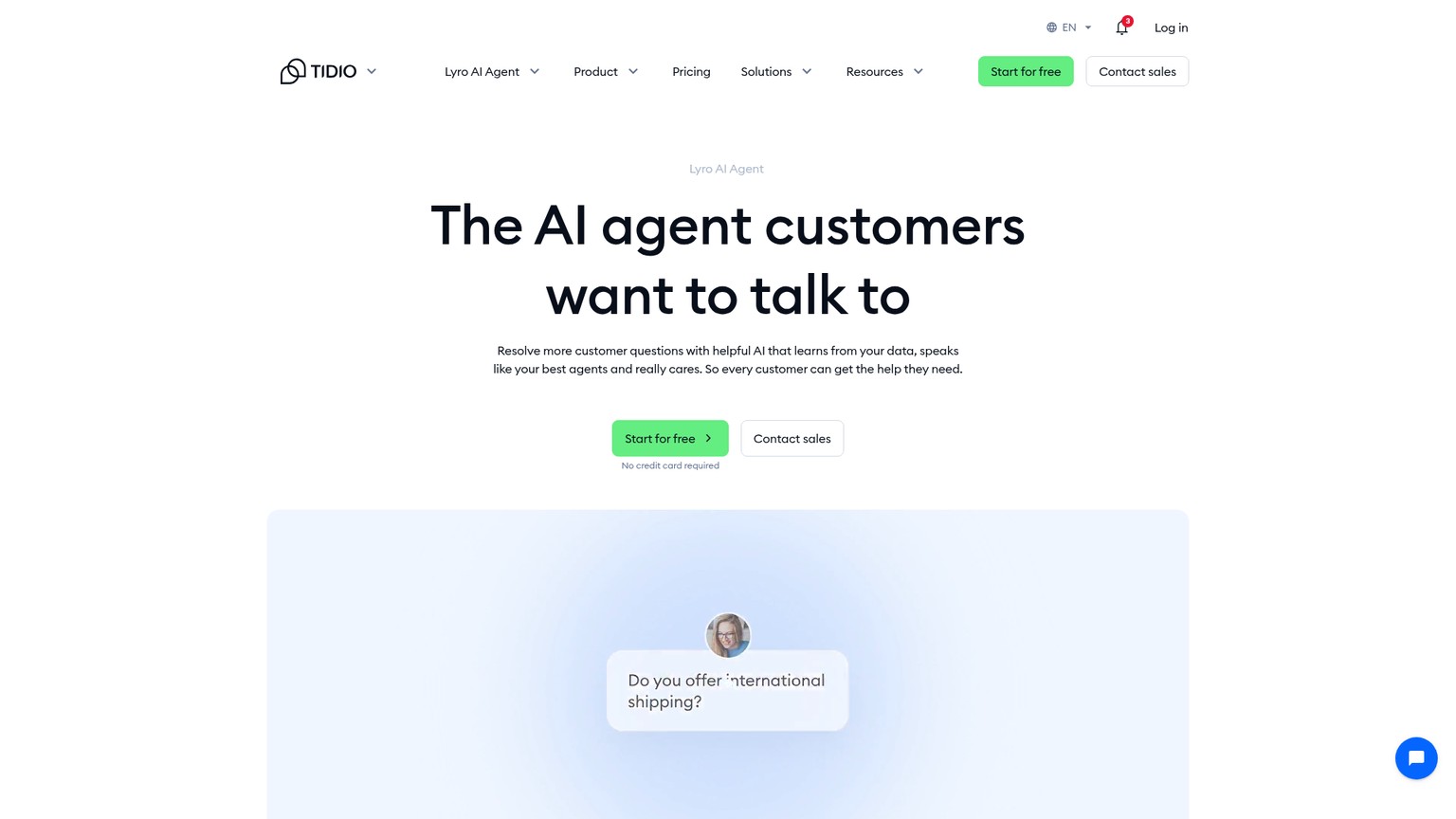 Tidio's public Lyro AI Agent page showing support and action capabilities