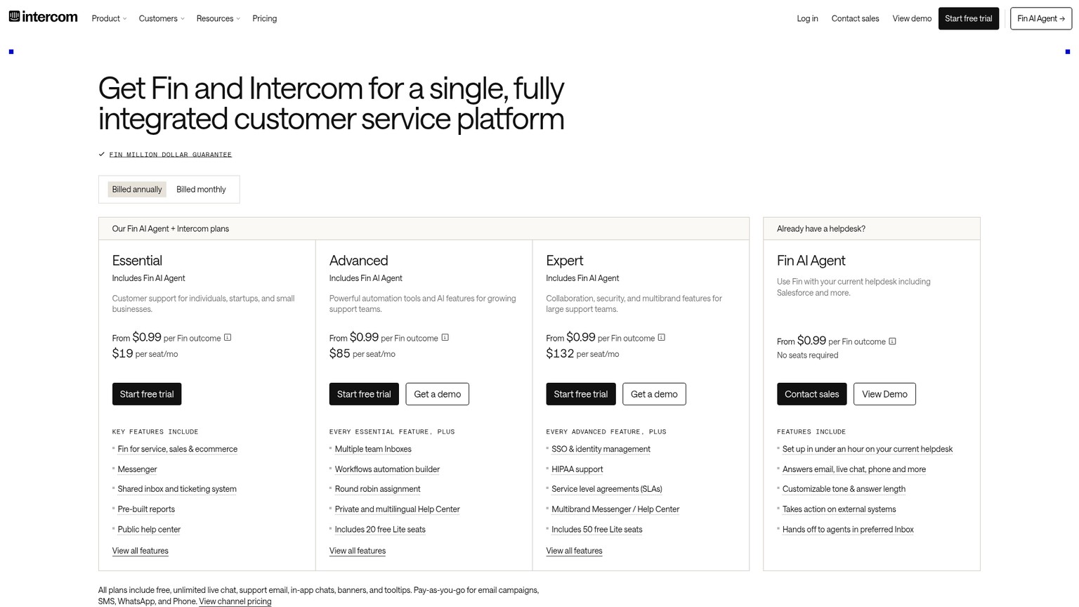 Intercom's public pricing page showing Fin outcome pricing and existing-helpdesk options