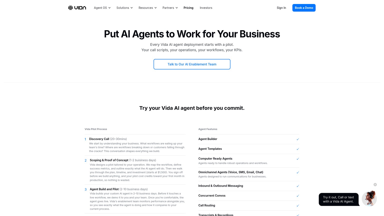 Vida's public pricing page describing its pilot process and starting investment