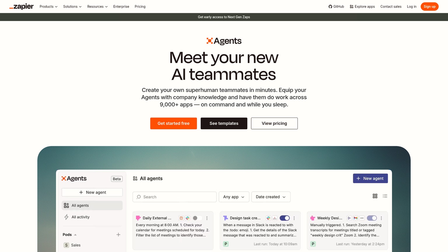 Zapier's public Agents page showing lead enrichment and business workflow templates