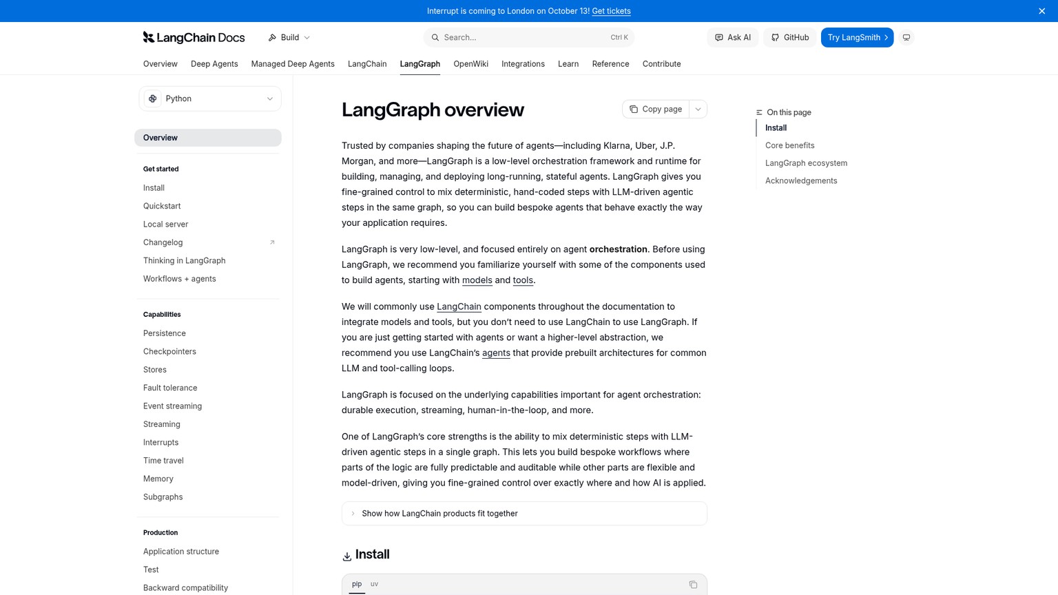 Panoramica ufficiale di LangGraph che descrive il runtime di orchestrazione con stato