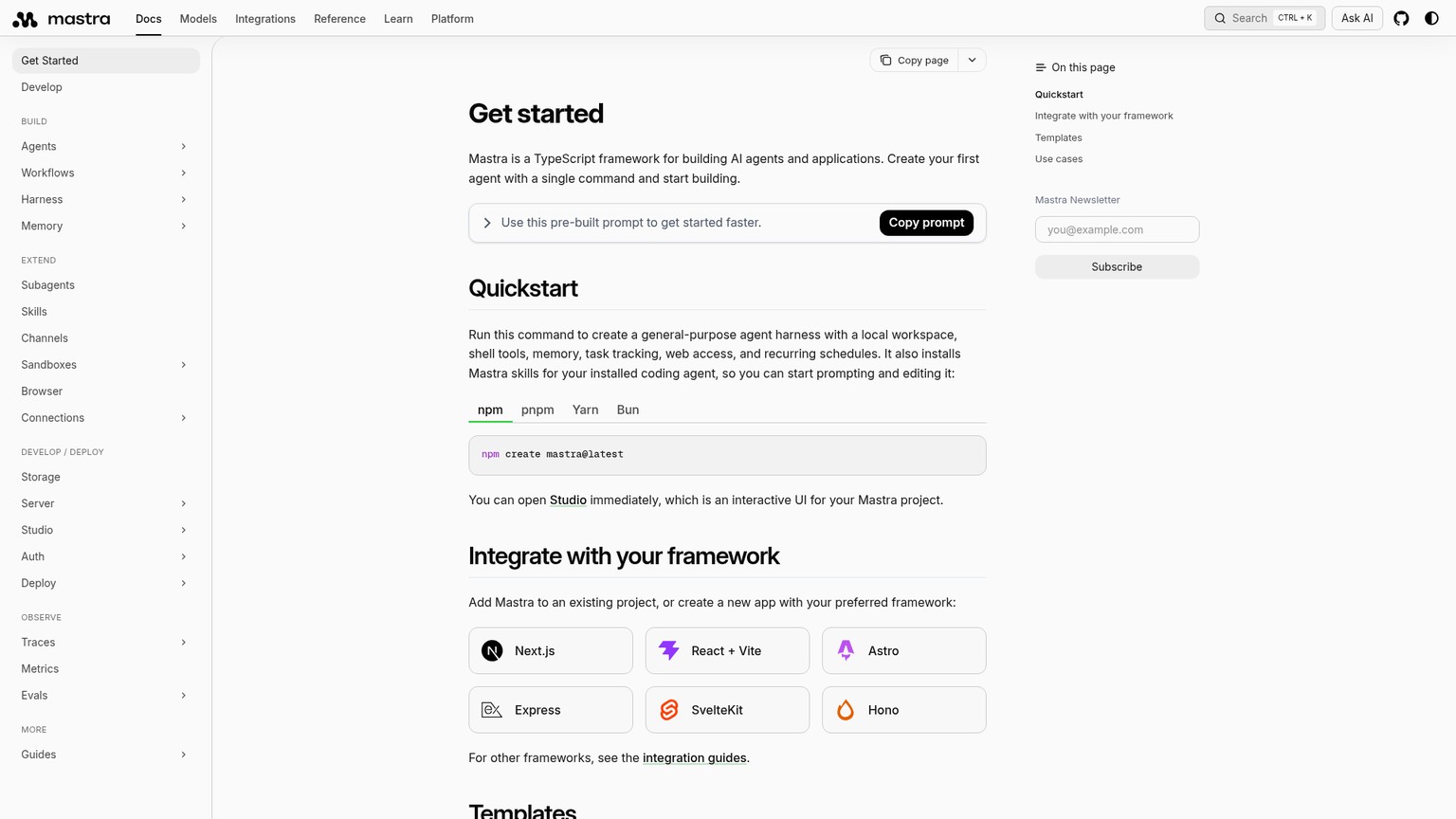 Documentazione ufficiale di Mastra per il framework TypeScript di agenti e workflow
