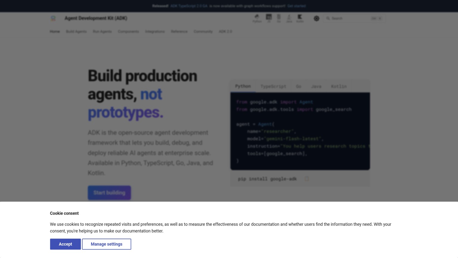 Homepage di Google ADK con i linguaggi supportati e le funzionalità per sviluppare agenti