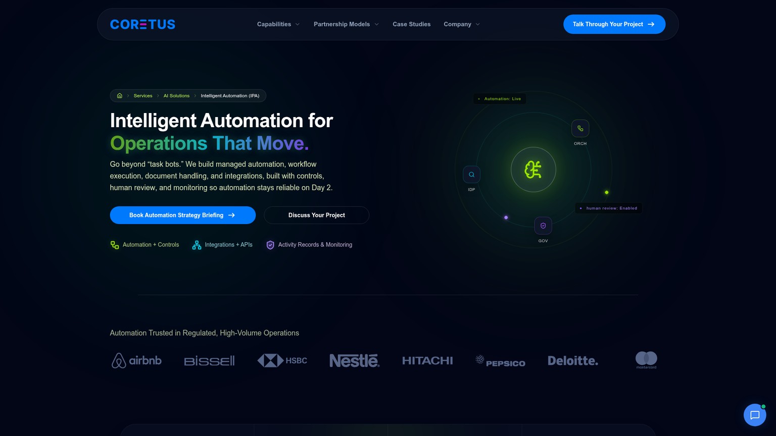 Coretus intelligent process automation service page