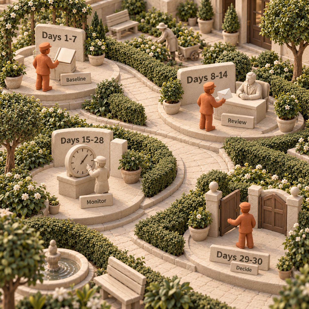 Una linea del tempo curva in un giardino di argilla mostra la situazione iniziale nei giorni 1-7, il controllo nei giorni 8-14, il monitoraggio nei giorni 15-28 e la decisione nei giorni 29-30