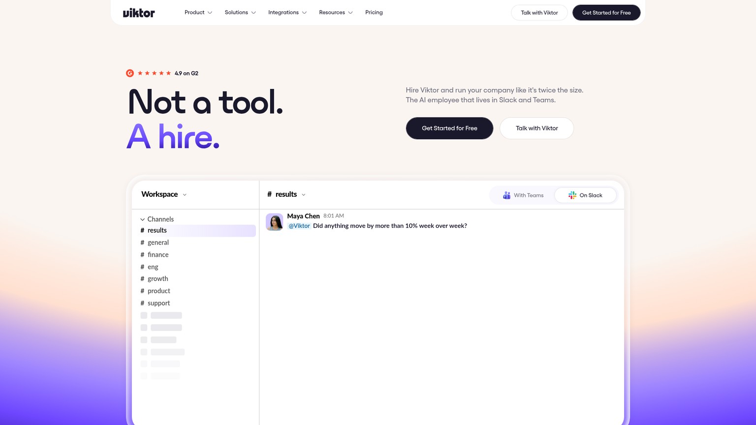 La pagina di Viktor mostra il collaboratore per Slack e Teams e il modello di lavoro con strumenti collegati