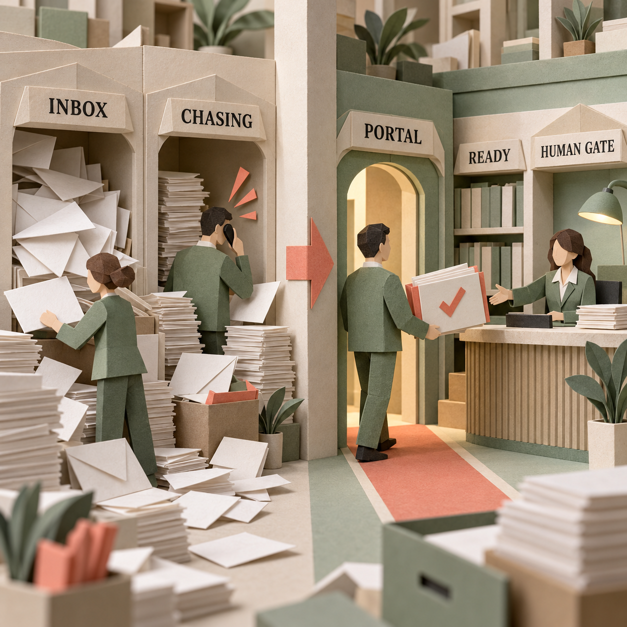 Before and after view of bookkeeping onboarding moving from inbox chasing to a controlled portal and human gate