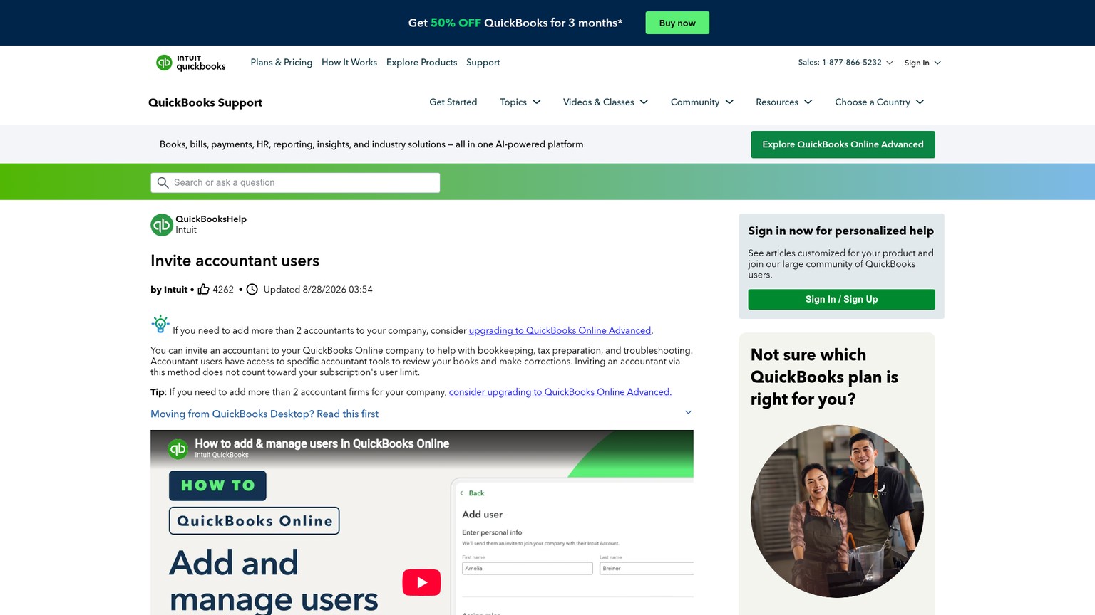 QuickBooks Online instructions for inviting an accountant user