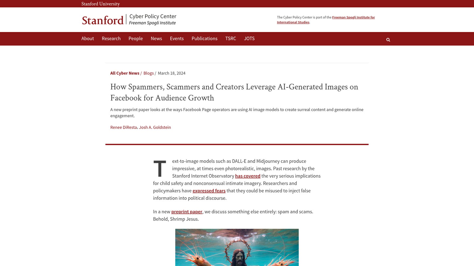 Stanford Internet Observatory research page showing the Shrimp Jesus Facebook example