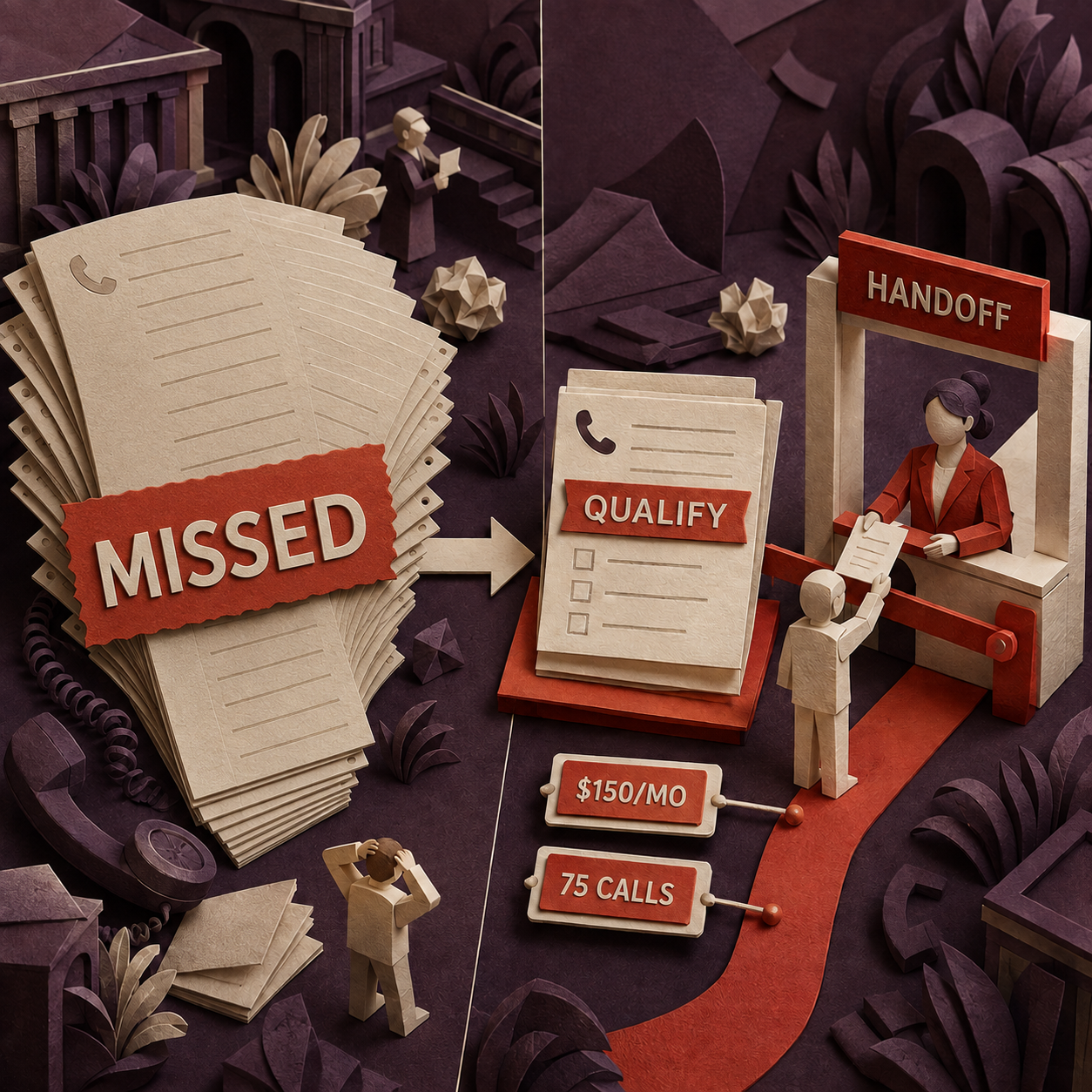 Paper before-and-after showing missed calls becoming a qualified intake card at a human handoff