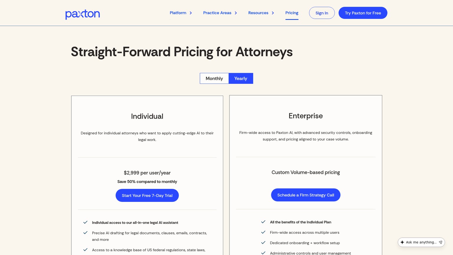 Paxton pricing page for legal research