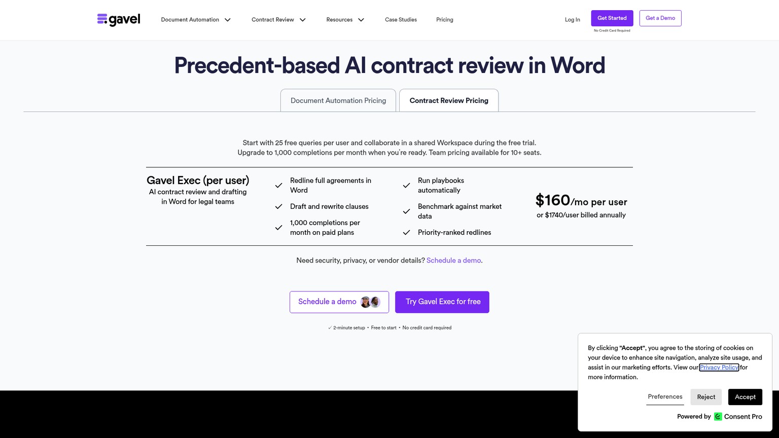 Gavel Exec contract review pricing page