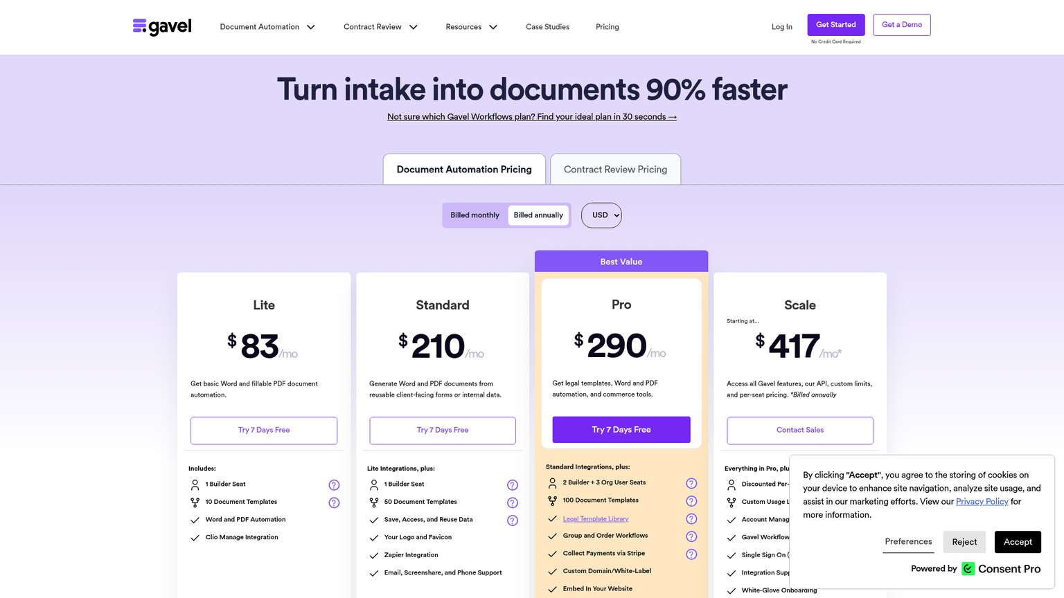 Gavel Workflows document automation pricing page