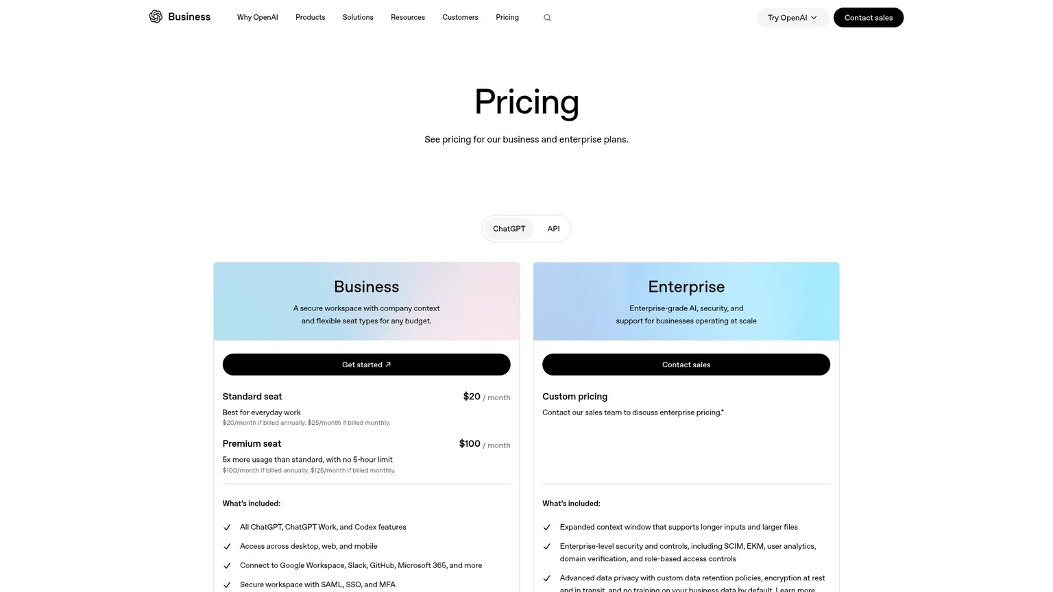 ChatGPT Business pricing page